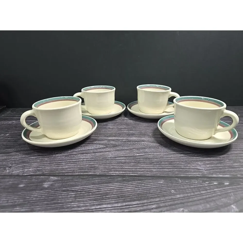 Set of 4 Pfaltzgraff Juniper Stoneware Tea Cups & Saucers - Excellent Condition